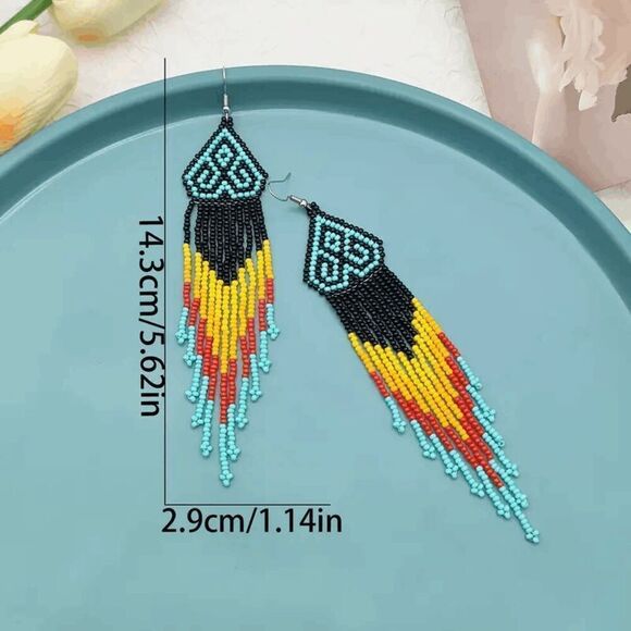 Tribal Boho Style Beaded Tassel Dangle Earrings - Picture 5 of 5